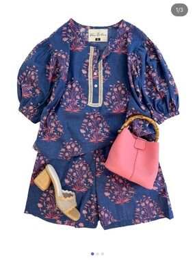Fox & Hen Navy Floral Two-Piece Shorts Set with Pink Accents